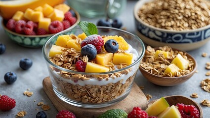 Aufkleber - Fresh granola topped with vibrant blueberries, raspberries, and mango in a glass bowl on a wooden board, with space for text and design.