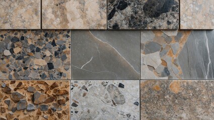 Poster - Textured stone tiles in earthy tones of gray, brown, and beige arranged in a grid pattern, showcasing natural variations and textures.