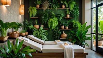 Poster - Spa interior featuring lush green plant walls, wooden massage beds in the foreground, natural light from large windows enhancing tranquility.