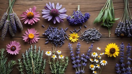 Poster - Vibrant arrangement of echinacea, lavender, chamomile, and assorted herbs on a rustic wooden surface showcasing purple, yellow, and green hues.