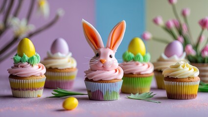 Poster - Colorful Easter cupcakes with bunny and egg decorations on pastel pink and blue background, featuring selective focus and vibrant details.