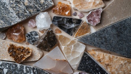 Fototapete - Natural stone mosaic featuring various textures of granite, quartz, and minerals in shades of black, white, brown, and amber arranged artfully.