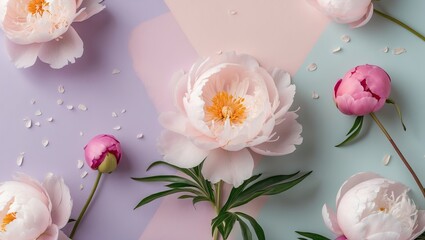 Aufkleber - Soft pink and white peonies with green leaves arranged on a pastel purple and mint background, scattered petals enhancing the delicate composition.