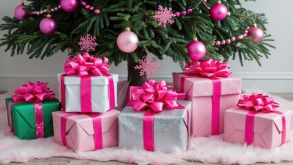 Poster - Five Christmas presents in varying colors, pink ribbons decorating each. Positioned beneath a pink tree with matching ornaments and decorative snowflakes.