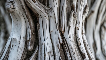 Aufkleber - Aged white wood texture featuring intricate patterns and grooves in shades of grey and white, showcasing a close-up of weathered tree bark.