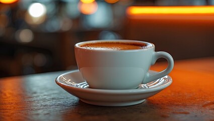 Poster - Espresso coffee in a white cup on a wooden table bathed in warm orange light, creating a cozy and inviting atmosphere.