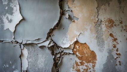 Leinwandbilder - Cracked and peeling old wall with gray and beige tones revealing underlying texture and colors showcasing aged, weathered surfaces and imperfections.