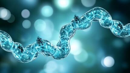 Poster - Abstract 3D rendering of a translucent, swirling, blue helix against a bokeh background. The helix is detailed and luminous.