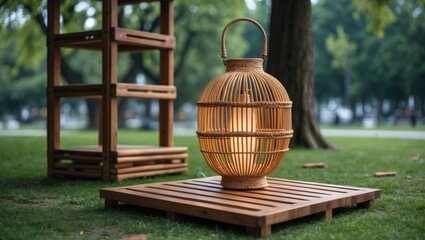 Poster - Handcrafted rattan cover lamp on wooden rack in a green park setting with soft glow highlighting intricate weaving and natural tones of wood.