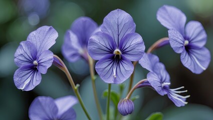 Aufkleber - Vibrant violet flowers with delicate petals arranged in a cluster, featuring a yellow center and green leaves in the background, capturing elegance.