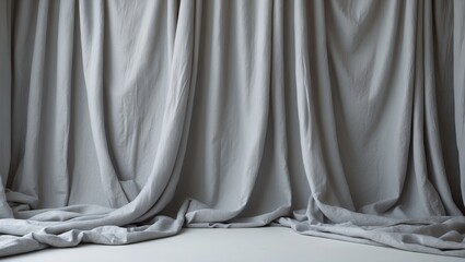 Leinwandbilder - Light gray draped canvas studio backdrop with soft folds positioned symmetrically creating copy space for portraits and design additions.