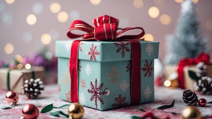 Poster - Pastel blue gift box with red ribbon and snowflake design centered on soft pink background adorned with Christmas decorations and bokeh lights.
