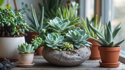 Poster - Lush assortment of succulent houseplants in varying shades of green displayed in rustic pots on a wooden table with natural light from the window.