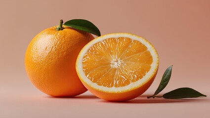 Aufkleber - Juicy orange half on a soft pastel background with vibrant orange hues and green leaves positioned gracefully beside a whole orange.