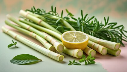 Poster - Fresh lemongrass stalks arranged diagonally on a pastel background with a sliced lemon and green leaves enhancing the vibrant composition.