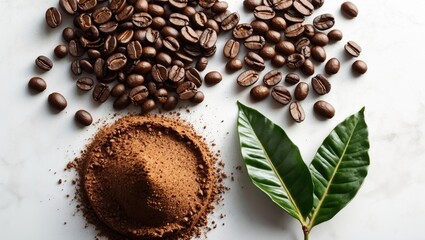 Poster - Ground coffee in a mound surrounded by coffee beans and green coffee leaves on a white background with ample copy space for text or design.