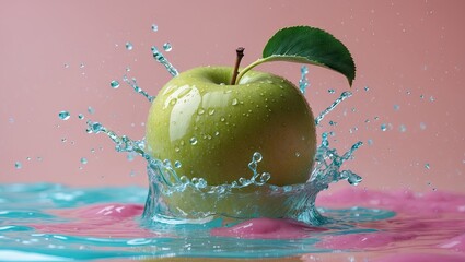 Poster - Green apple surrounded by dynamic water splashes, vibrant pink and blue pastel background, with a single leaf on the apple's stem.