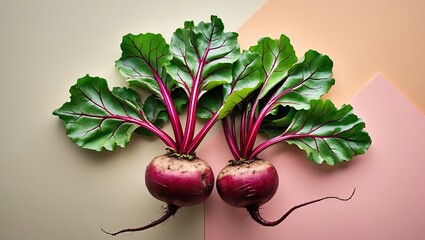 Poster - Vibrant fresh beetroot with lush green leaves positioned symmetrically on a soft pastel background featuring peach and pale green hues.