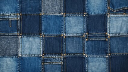 Poster - Denim texture patchwork pattern featuring squares in various shades of blue arranged in a seamless layout with visible stitching and pocket details.