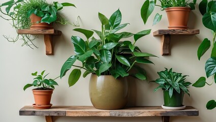 Poster - Lush green houseplants in various brown and green pots arranged on a rustic wooden shelf against a light beige wall for home decor.