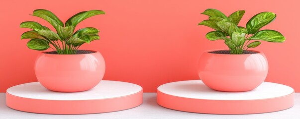 Poster - Two green plants in coral pink round pots on coral pink stands against a coral pink background. 