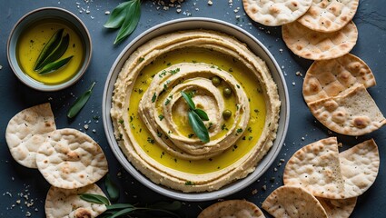 Poster - Aerial view of creamy hummus swirled with olive oil, garnished with herbs, surrounded by pita chips on a dark surface, ample copy space available.