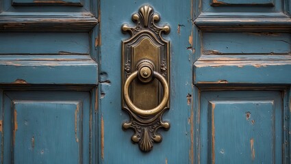 Poster - Vintage blue door detail showcasing an ornate brass door handle centered on worn wooden panels with peeling paint for a classic aesthetic.