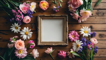 Poster - Empty vintage photo frame centered on a wooden table surrounded by various colorful flowers in shades of pink, white, and purple for design use.