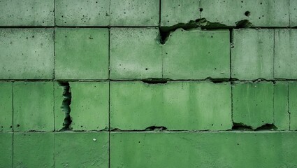 Poster - Textured green concrete wall with visible cracks and uneven surface, arranged in rectangular blocks, creating a rugged industrial background.