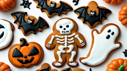 Aufkleber - Halloween themed gingerbread cookies shaped like bats, pumpkins, skeletons, and ghosts arranged on a white background, top view, with ample copyspace.