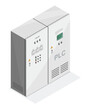 © AllahFoto - Electrical control PLC cabinet box with industrial automation system in smart factory, isometric isolated. Power supply panel, circuit control, and programmable logic controller for manufacturing