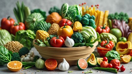 Poster - Vibrant assortment of fresh vegetables and fruits in a woven bowl on a textured gray background showcasing the importance of food sustainability
