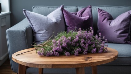 Poster - Grey apartment interior featuring a wooden table with vibrant lavender bouquet, complemented by a grey settee and plush purple pillows.
