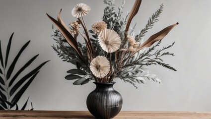 Fototapete - Monochrome dried greenery in a black vase on a wooden table with light gray background and decorative leaves positioned to the left.