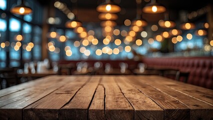 Poster - Warm wooden tabletop in the foreground with softly glowing bokeh lights in a restaurant blurred background creating a cozy ambiance.