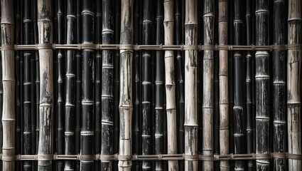 Poster - Aged black and white bamboo wall with vertical wooden elements, showcasing textured layers and natural patterns for design and architectural use.