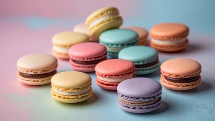 Poster - Colorful macarons in pastel shades of pink, blue, yellow, and purple arranged on a softly blended pastel backdrop creating a delightful dessert scene.