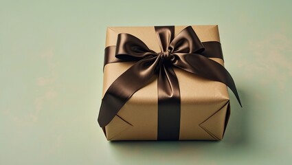 Poster - Elegant gift box wrapped in textured brown paper with a dark brown satin bow centered on a soft pastel blue background.