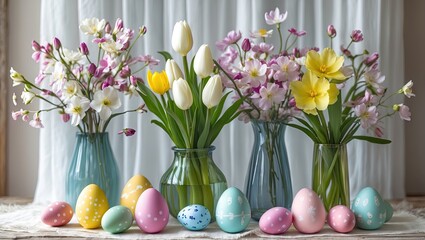 Fototapete - Bright home interior showcasing spring flowers in teal and clear vases, with pastel Easter eggs in front, against a soft light backdrop.