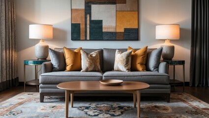 Poster - Contemporary living room with grey sofa accented by yellow and gold pillows, beside stylish lamps and a wooden coffee table, against a patterned rug.