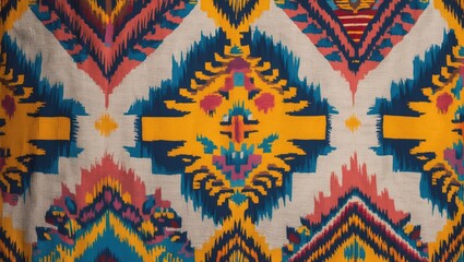 Fototapete - Vibrant Ikat geometric folk pattern featuring blue, yellow, pink, and white stripes with ceremonial tribal motifs on a textured background.