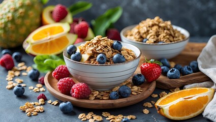 Poster - Fresh and colorful breakfast spread with granola and mixed berries in decorative bowls, placed on rustic wood against a dark background with copyspace.