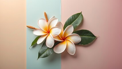 Fototapete - Frangipani flowers with warm orange centers placed on a pastel pink and teal background with green leaves illustrating a summer vibe.