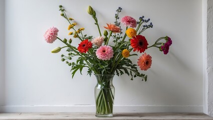 Aufkleber - Colorful bouquet of various flowers including pink gerbera daisies yellow blooms and greenery in a clear vase on a light wooden surface against a white wall.