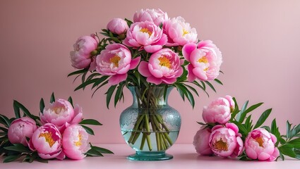 Aufkleber - Glass vase filled with vibrant pink peonies on a soft pastel pink background with green leaves surrounding the arrangement for added elegance.