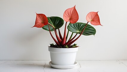 Fototapete - Vibrant red and green Anthurium plant in a white pot, centered on a minimalistic white background, showcasing lush foliage and unique leaf shapes.