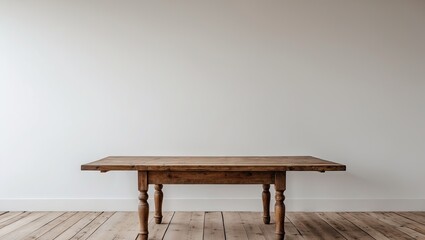 Poster - Empty rustic wooden table centered on light wooden floor against a soft white wall, ideal for showcasing products with a minimalist aesthetic.