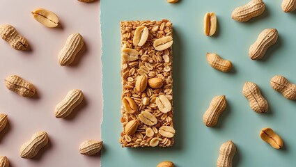 Poster - Granola bar topped with peanuts centered on a turquoise background surrounded by scattered raw peanuts in shells against a pastel backdrop.