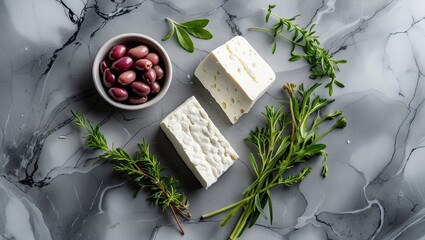 Poster - Feta cheese blocks with fresh herbs and olive bowl arranged on a gray marble background with ample copy space for design or text insertion.