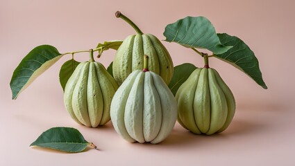 Poster - Fresh green guavas arranged artistically on a soft pastel background with large leaves positioned around them creating a natural and vibrant look.